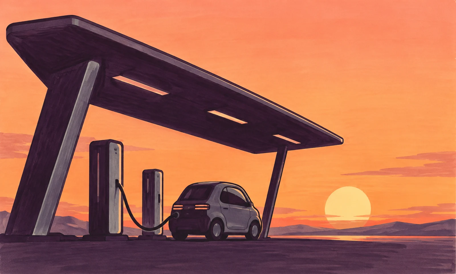 A small grey electric car is plugged into one of two charging posts beneath a large, dark-plum canopy, with a low sun over a layered orange horizon.