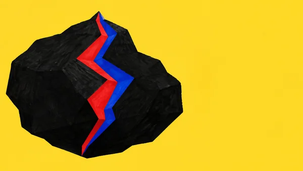 A large black angular boulder with a red-and-blue zigzag fissure floats against a bright yellow field, leaving open space on the right.
