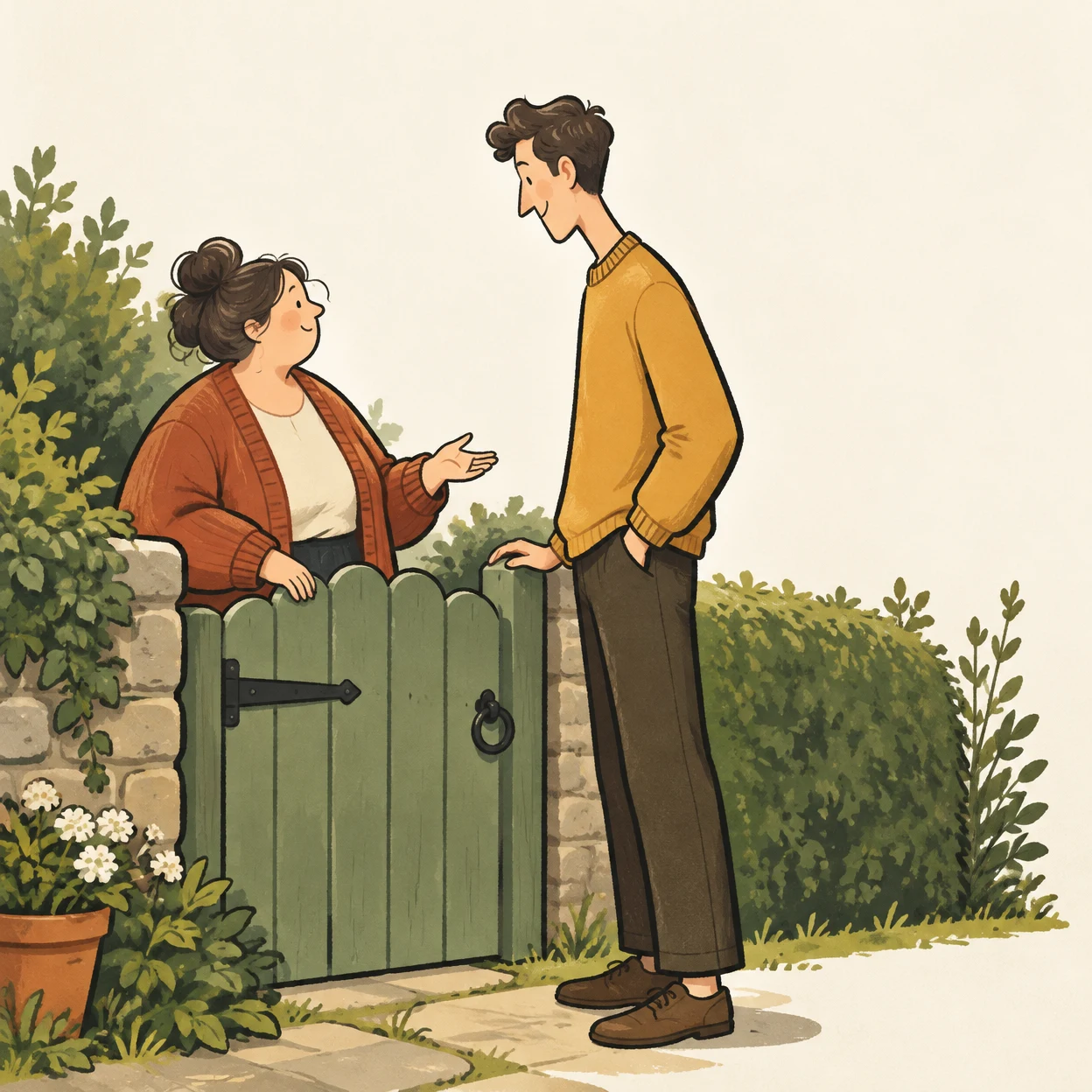 A woman in a rust cardigan gestures from behind a sage-green garden gate toward a tall man in an ochre sweater, who rests one hand on the gate.