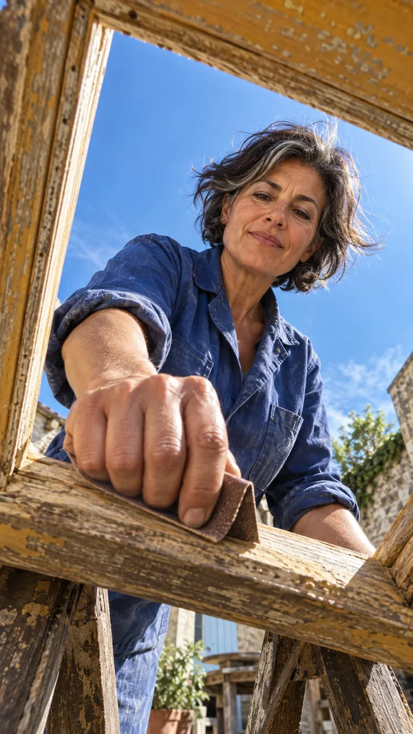 A woman in a cobalt work shirt leans over a weathered wooden window frame, pressing folded sandpaper against its near edge.