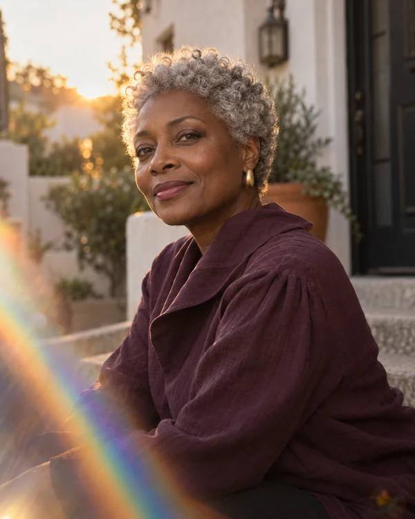 A woman with short silver curls sits on a residential courtyard stoop in a plum blouse, looking toward the camera with a slight smile.