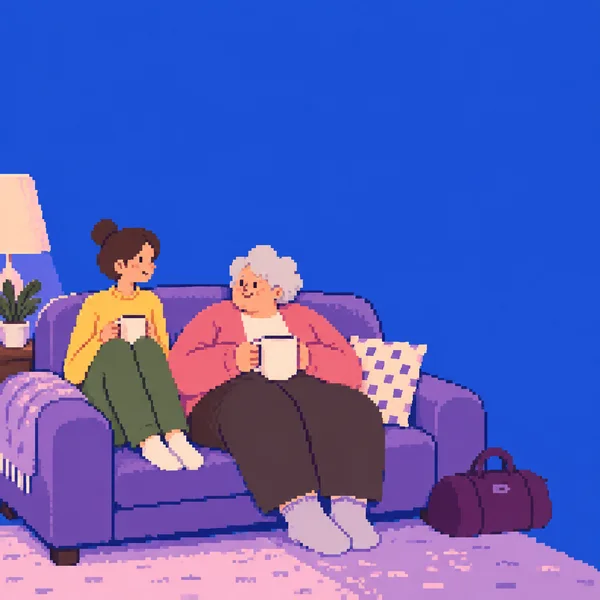 A dark-haired adult in a yellow sweater and a silver-haired adult in a pink cardigan sit with mugs on a wide violet sofa.
