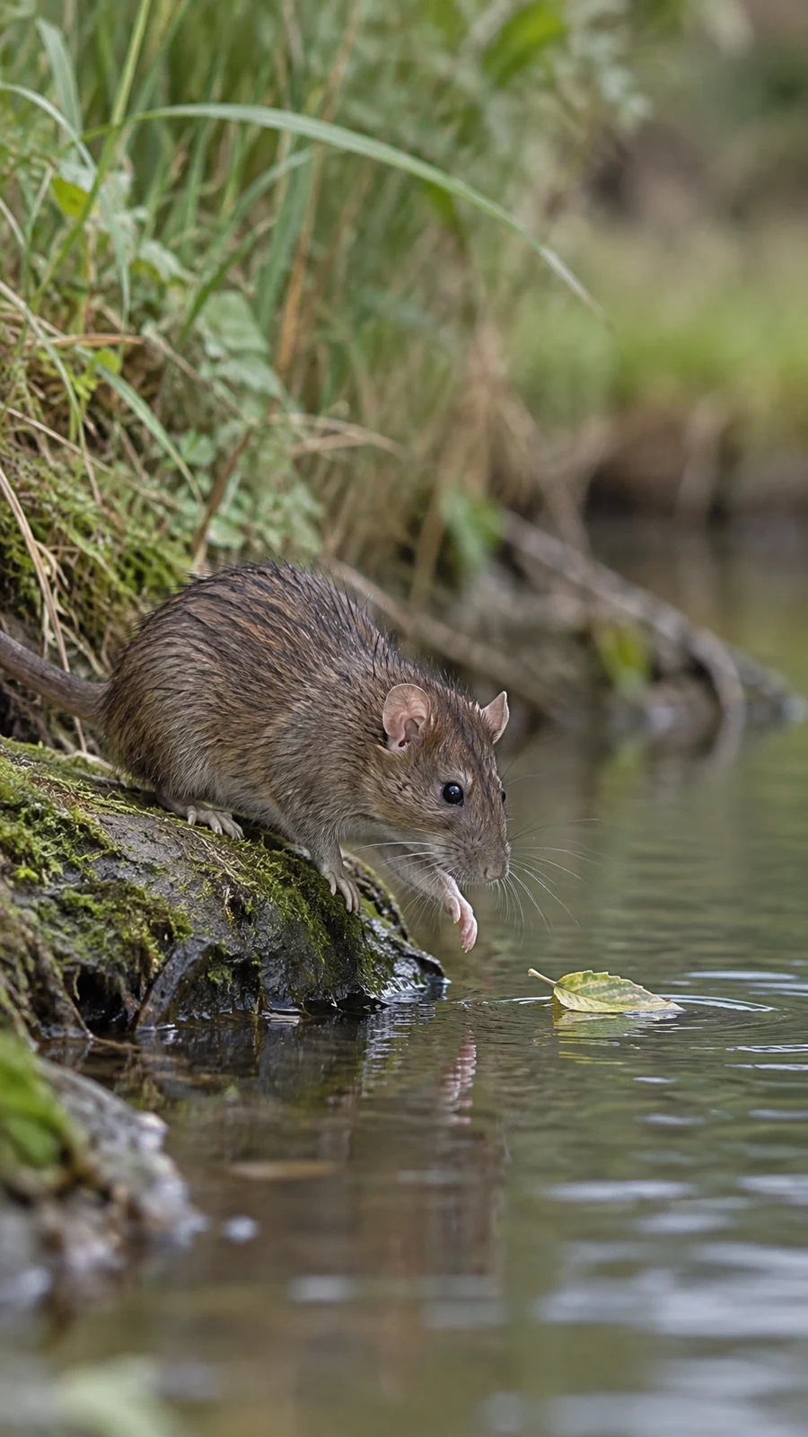 A brown rat crouches on a moss-covered stone at the edge of shallow water, extending a forepaw toward a floating yellow-green leaf.