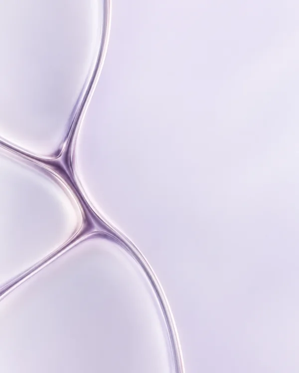 A pale pearl-lavender field with glossy, curved plum-tinted glass seams branching across the left side and toward the lower edge, leaving most of the right…