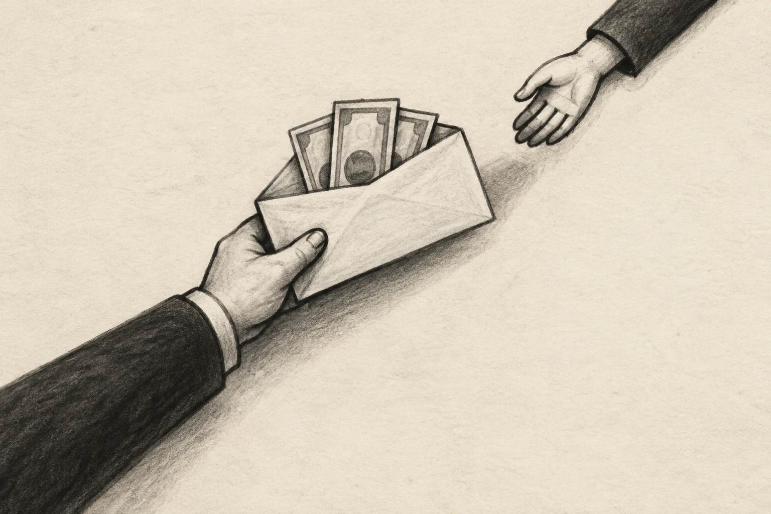 A charcoal illustration shows a hand in a long dark sleeve sliding an open envelope with three banknotes toward a smaller open hand across a warm ivory…