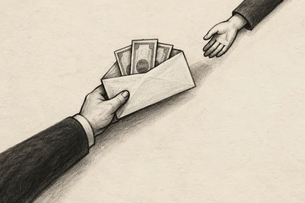 A charcoal illustration shows a hand in a long dark sleeve sliding an open envelope with three banknotes toward a smaller open hand across a warm ivory…