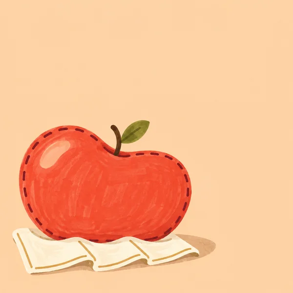 A wide coral-red apple with dark dashed edging, a pale highlight, curved brown stem and olive-green leaf rests on a folded cream cloth against a warm apricot…