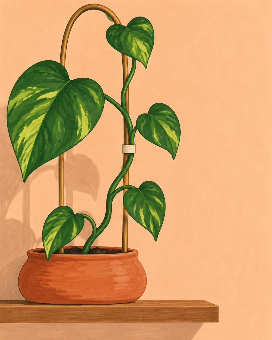 A hand-drawn marker-style pothos with five large heart-shaped leaves climbs beside a tall ochre hoop, secured by a cream tie, in a wide terracotta pot on a…