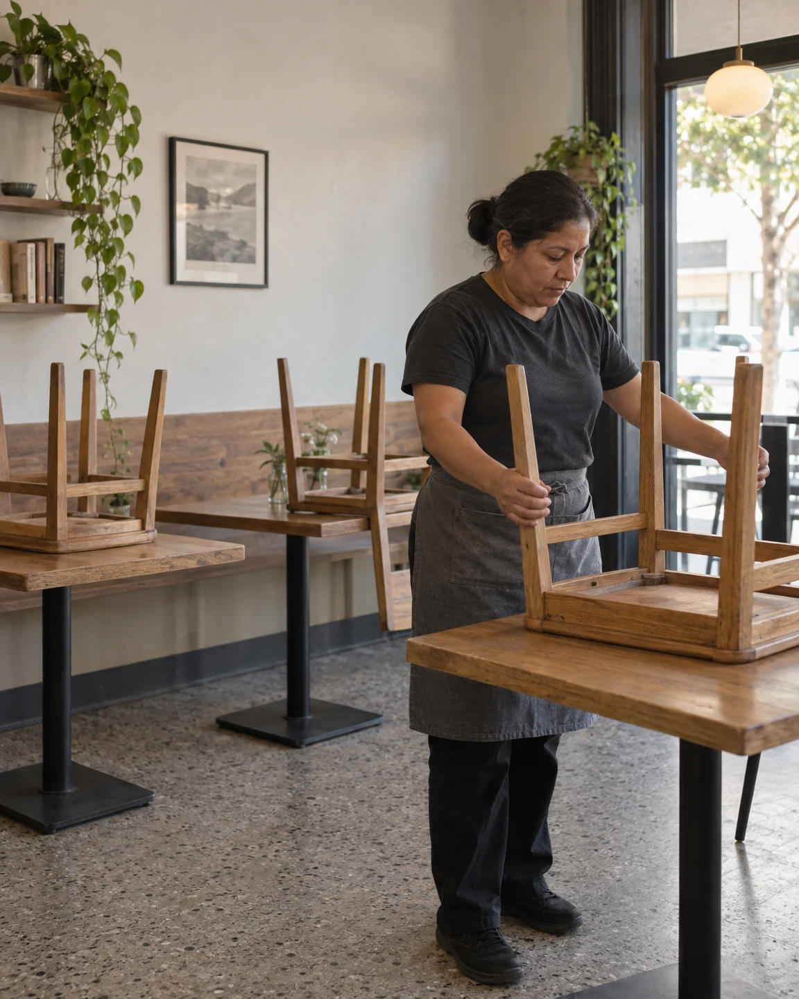 A café worker in a charcoal shirt and gray waist apron positions an inverted wooden chair on an oak table.
