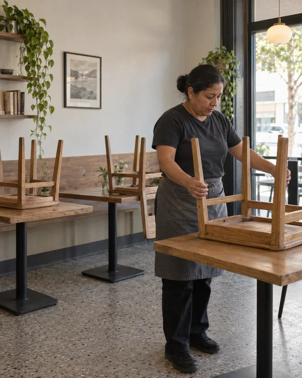 A café worker in a charcoal shirt and gray waist apron positions an inverted wooden chair on an oak table.