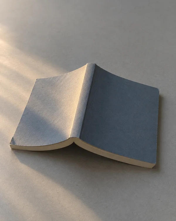 A blank slate-blue paperback lies open face-down on a cool grey tabletop, its raised spine catching a warm band of sunlight and casting a soft shadow.