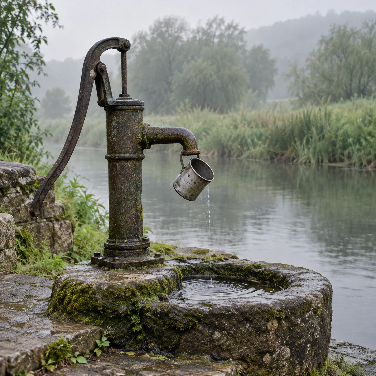 A weathered cast-iron hand pump with a long curved handle and tilted tin cup stands beside a calm river, above a moss-covered stone basin with ripples; reeds…