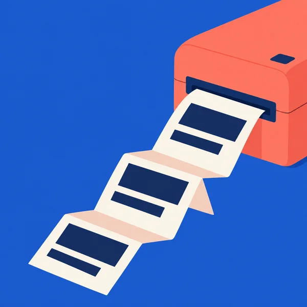 A coral label printer cropped at the right edge feeds an ivory ribbon diagonally across a cobalt surface.