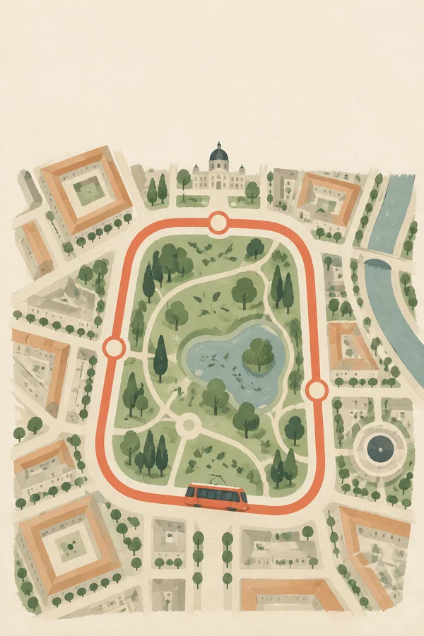 A coral tram travels along a rounded rectangular route around a leafy central park with a pond, three circular stops, and surrounding city blocks, viewed from…