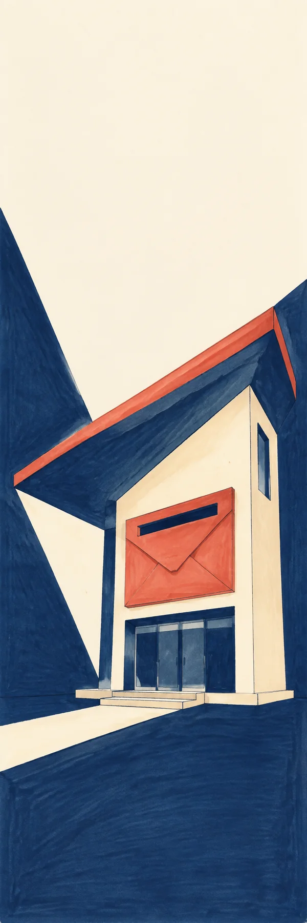 A tall cream post-office building with an oversized coral-red envelope hatch and broad sloping canopy stands against a deep navy field; a cream wedge of light…