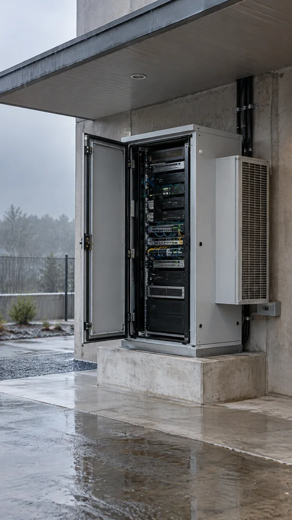 An open gray outdoor server cabinet stands on a raised concrete plinth beneath a deep canopy, with horizontal server units, colored cables and green status…