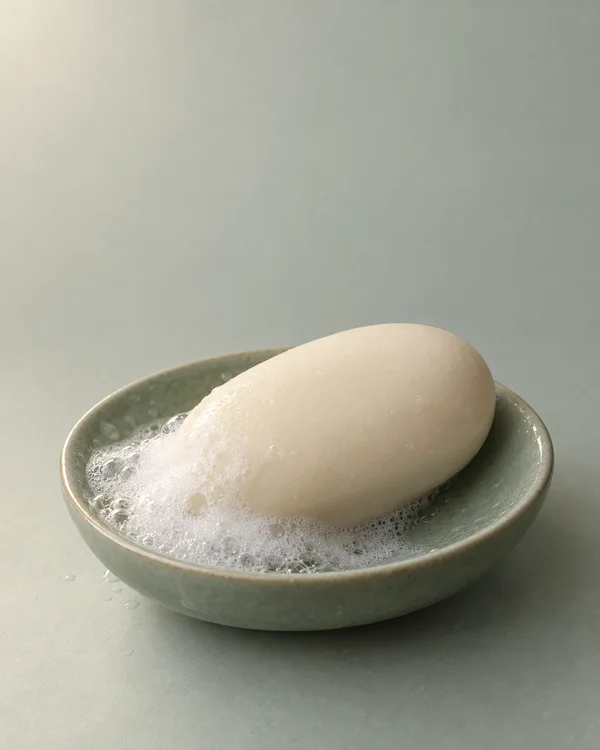 A smooth ivory cleansing bar rests diagonally in a shallow green-gray ceramic dish, surrounded by white lather and bubbles on a pale gray-green surface.
