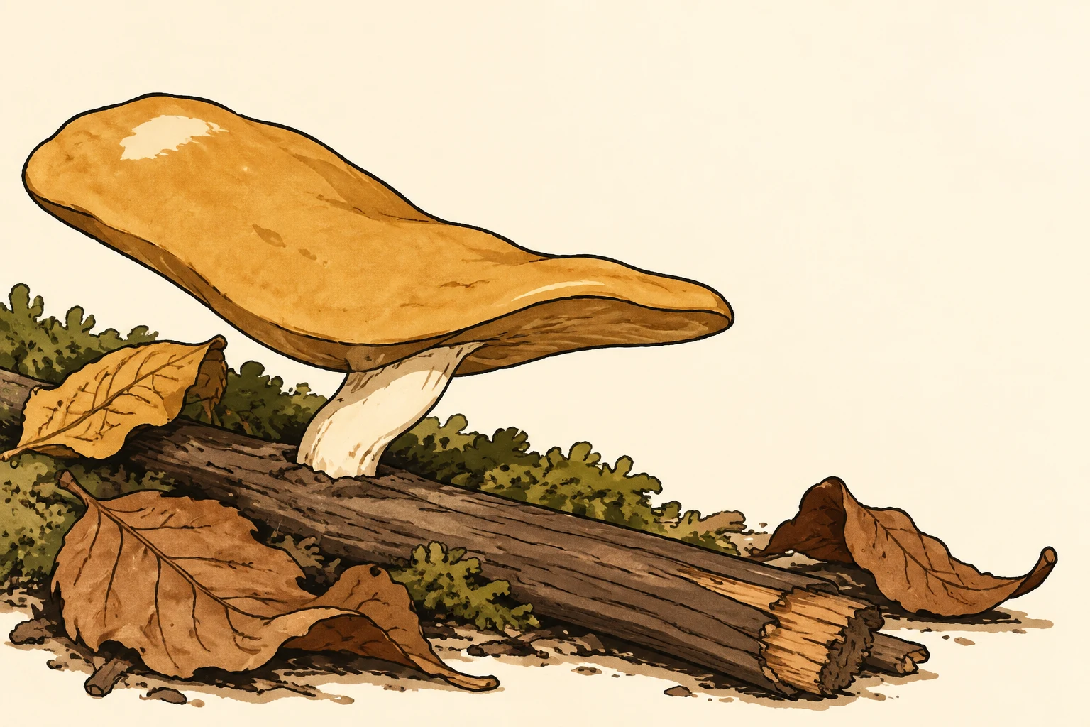 A broad ochre mushroom with a pale, curved stalk stands above a large diagonal fallen log, surrounded by detailed olive moss and several brown leaves on a…