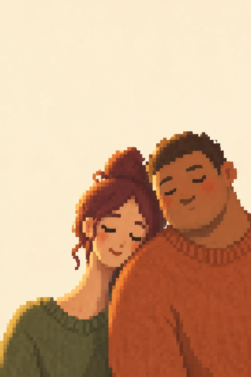 A pixel-style illustration of two people leaning together, one with tall plum-colored hair and a dark green top, the other in a terracotta sweater with a broad…