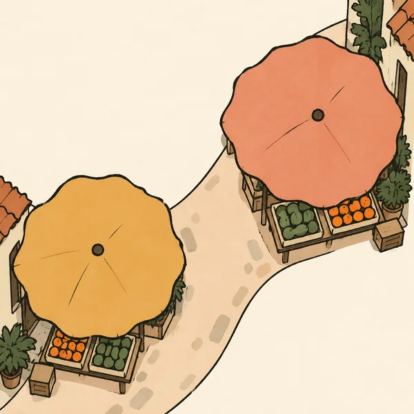 Bird’s-eye view of a pale peach market lane curving between two oversized scalloped umbrellas, one ochre and one coral, shading wooden produce stalls with…