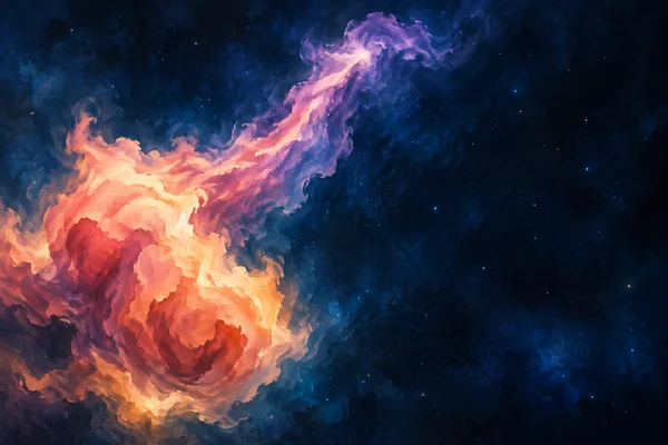 A luminous coral, peach and violet nebula swirls across the left side of a blue-black star field, leaving broad dark space on the right.