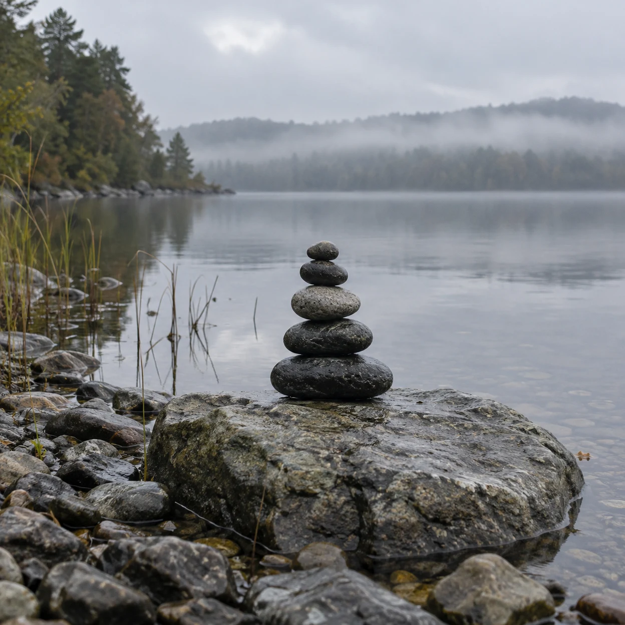 A stack of five smooth grey stones balances on a wet boulder at the edge of a still lake, with shoreline pebbles and reeds in the foreground and a misty wooded…
