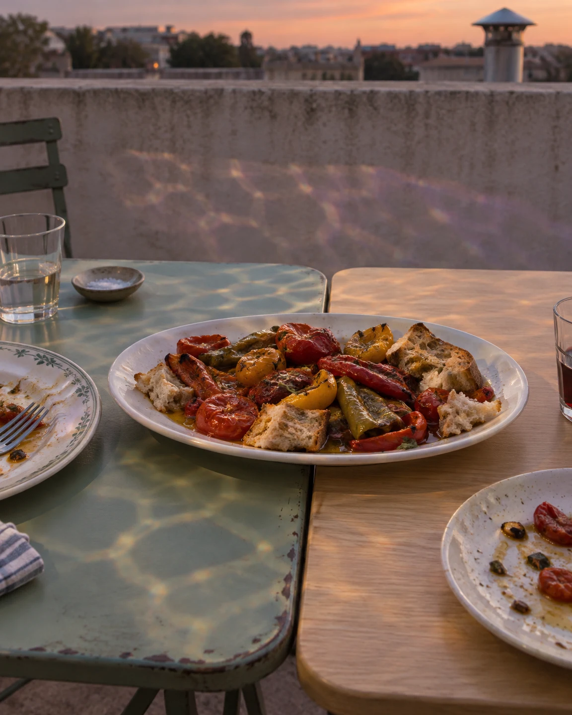 A white oval platter of roasted tomatoes, peppers and torn bread sits across adjoining sage-painted metal and pale wood tables on a rooftop terrace at sunset.