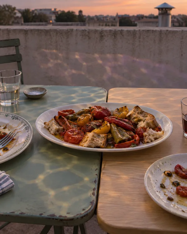 A white oval platter of roasted tomatoes, peppers and torn bread sits across adjoining sage-painted metal and pale wood tables on a rooftop terrace at sunset.