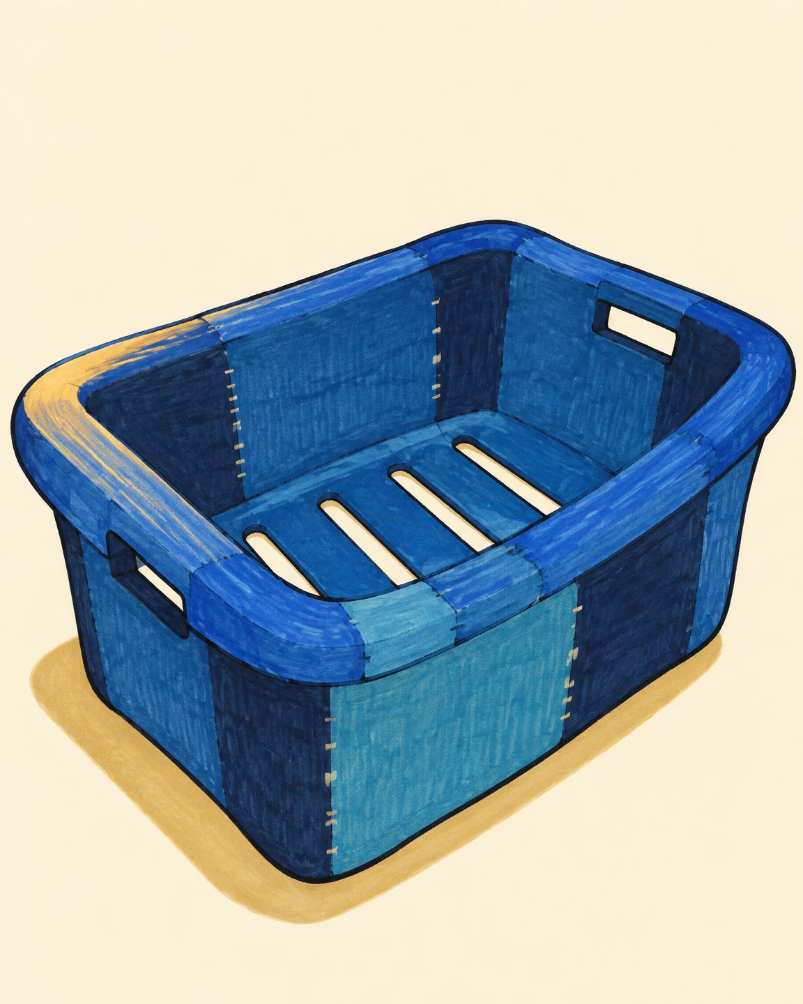A large, empty blue slotted crate is shown obliquely from above, with a thick bowed rim, four long openings in its base, and two handle openings.