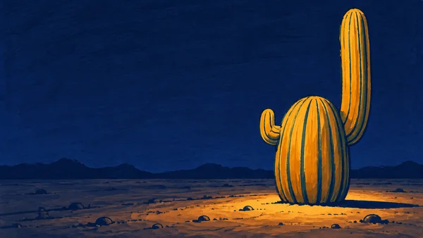 A bold ochre saguaro with a squat, broad trunk, a small hooked branch, and a tall upright arm stands in an amber-lit patch of desert beneath a deep indigo sky…
