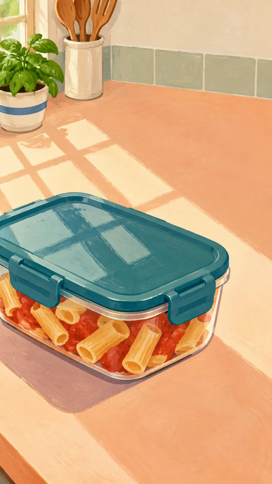 A large translucent rectangular food-storage tub sits diagonally on a peach kitchen counter, filled with tube-shaped pasta and red sauce beneath a deep teal…