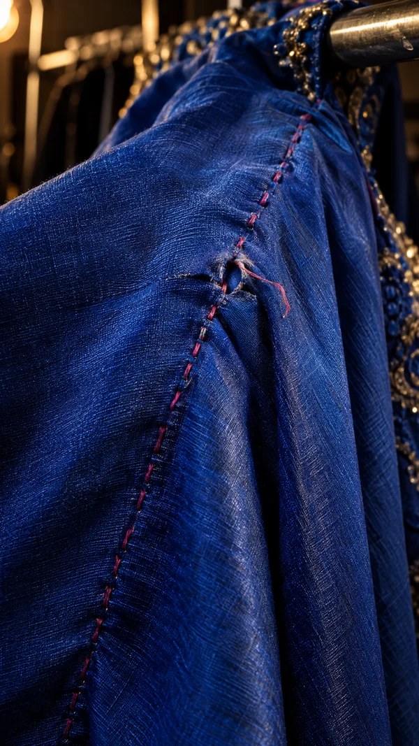 A richly blue, embellished garment hangs over a metal wardrobe rail, with a diagonal line of magenta stitches opening into a frayed gap and loose thread; warm…