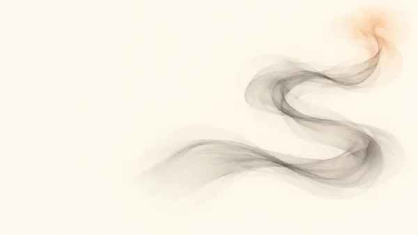 A translucent charcoal-grey smoke ribbon forms broad, flowing curves across the right side of a warm ivory field, rising into a faint apricot haze near the…