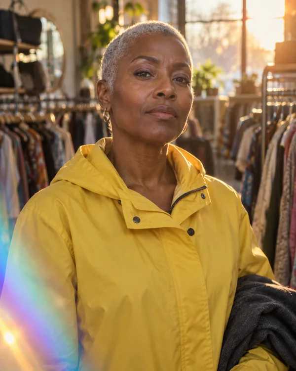 A woman with deep brown skin and closely cropped silver hair looks directly at the camera in a secondhand clothing shop.