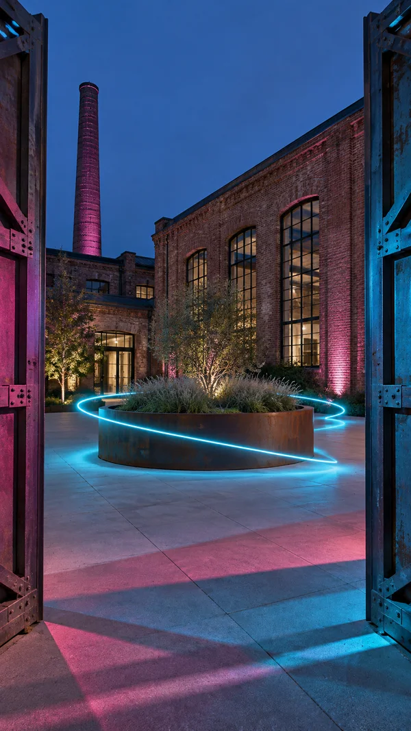 An open steel gateway frames a brick industrial courtyard at blue hour, with tall factory windows, a chimney, and a circular weathered-metal planter filled…