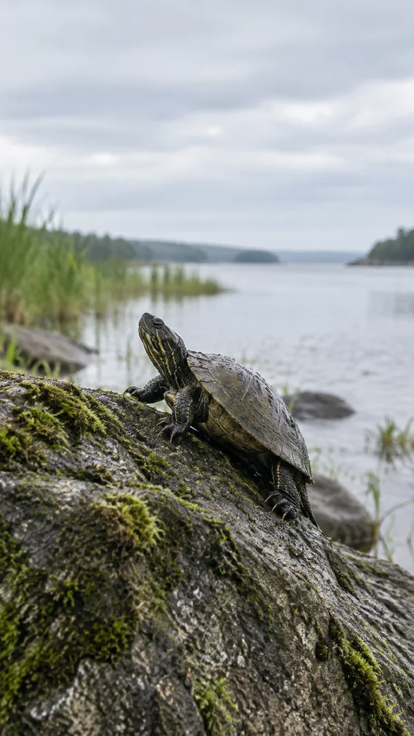A dark olive-brown freshwater turtle climbs a wet, moss-covered boulder beside a calm river, with reeds along the bank and a broad cloudy sky behind it.