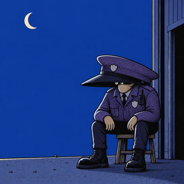 A security guard in a violet uniform sits on a stool beside a warehouse doorway at night, wearing an oversized peaked cap; a crescent moon hangs in the…