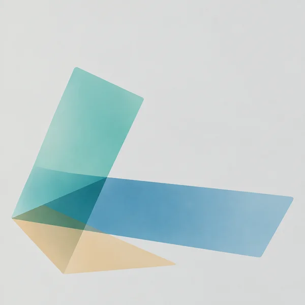 Three overlapping translucent geometric planes—an upright turquoise shape, a long blue strip extending to the right, and a warm sand-colored angular shape—sit…
