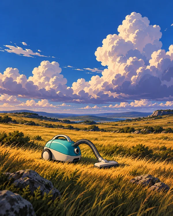 A turquoise-and-white canister vacuum with a curved handle and ribbed hose sits in golden grass, its floor head resting nearby; rolling hills and large sunlit…