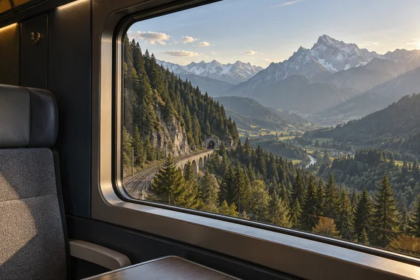View from a train carriage past a gray upholstered seat and broad window, overlooking a forested alpine valley with a curving railway on a stone viaduct…