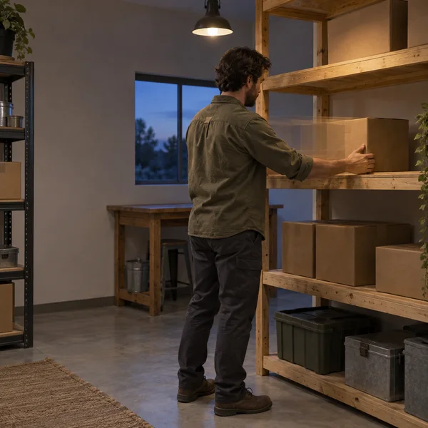 A worker in an olive shirt slides a plain cardboard carton onto a wooden shelf in a stockroom, with a blue twilight window behind him and warm light overhead.