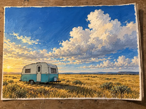 A painted comic-style landscape on a sheet of paper resting on a weathered drawing board, showing a turquoise-and-white camper in golden grass beneath a large…