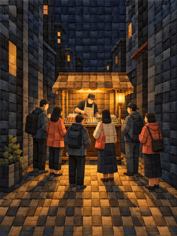 A woven nighttime alley scene shows a warmly lit food cart beneath a broad awning, with a vendor and six angular customers gathered around trays of food.