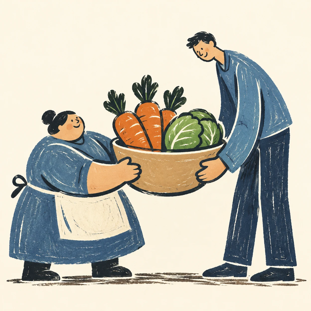 A smiling broad-built neighbor in a blue dress and apron and a tall, slender neighbor in blue trousers hold a large tan basket together.