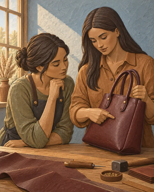 A woman in a caramel button-front shirt points to a burgundy leather tote while an apprentice leans in to watch.