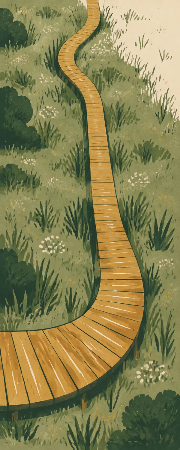 A warm amber wooden boardwalk curves broadly in from the left edge, narrows into a long winding trail through a muted green meadow, and bends again near the…
