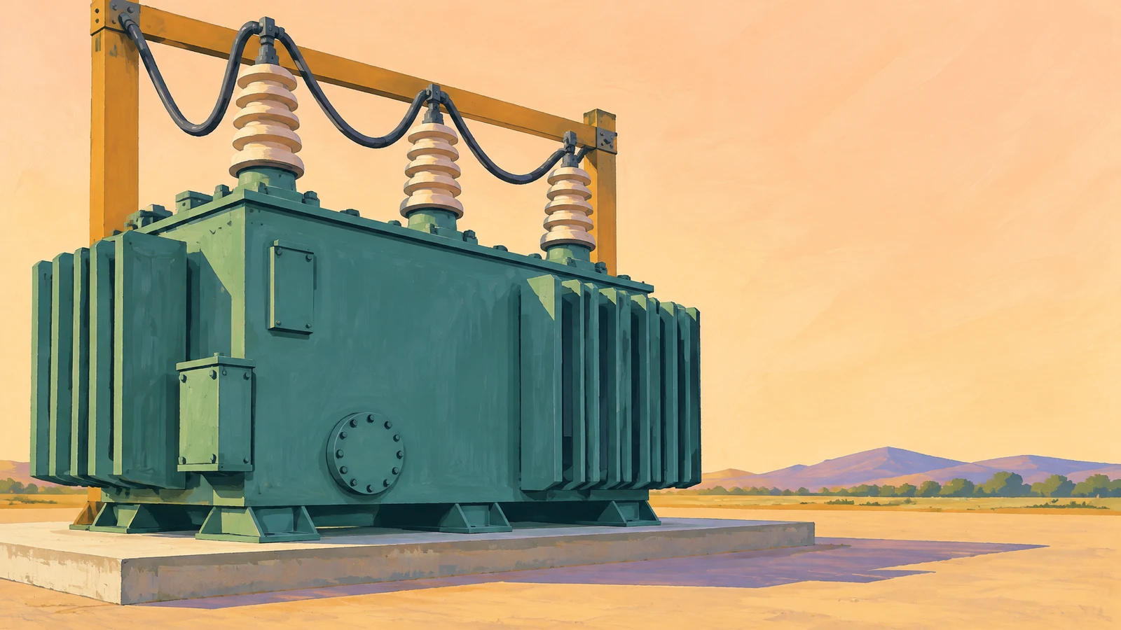 A large teal outdoor transformer with three cream ceramic insulators and curved dark cables stands on a concrete pad beneath an ochre gantry, with distant low…