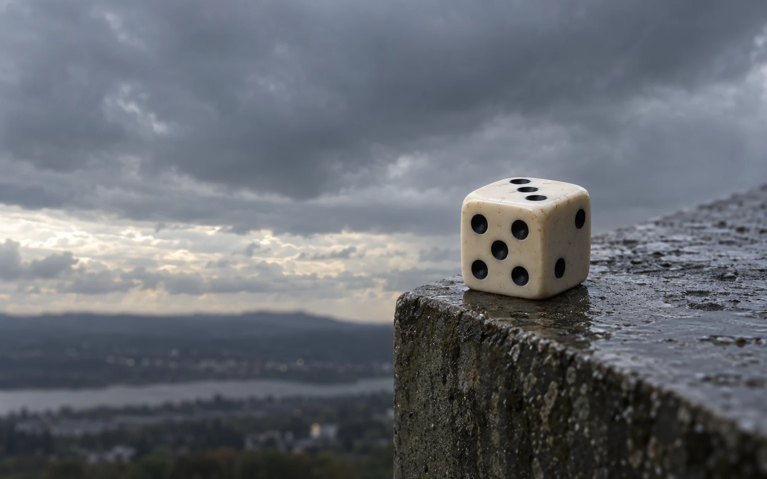 An ivory die with black pips rests near the edge of a rain-darkened concrete plinth, with a cloudy sky and softly blurred landscape behind it.