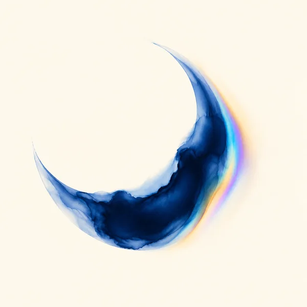 An irregular deep-blue ink crescent curves around an open ivory center, with soft cyan, violet and amber fringes along its right edge.