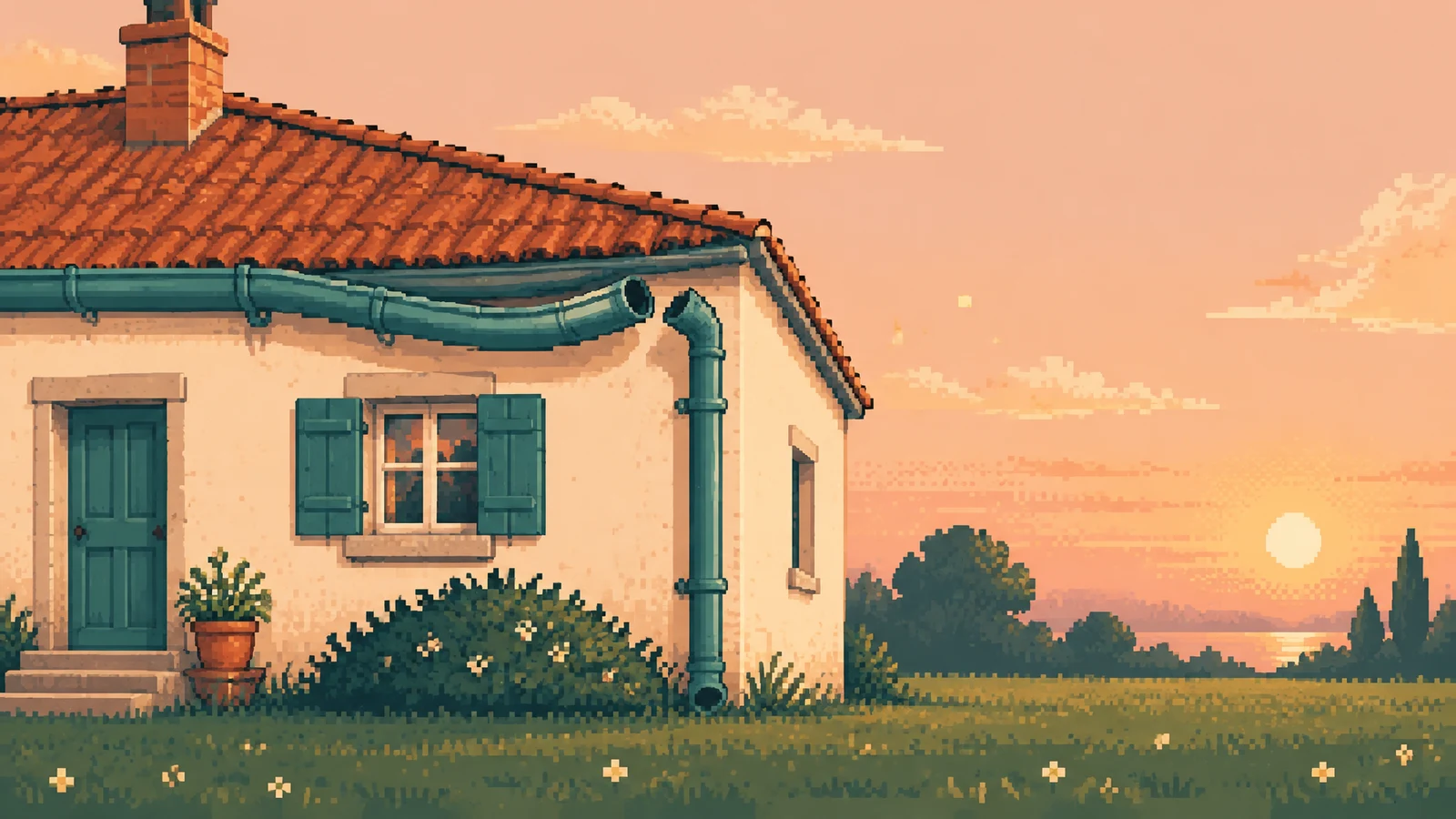 A cream cottage with a terracotta roof stands in a pixel-art garden at sunset.